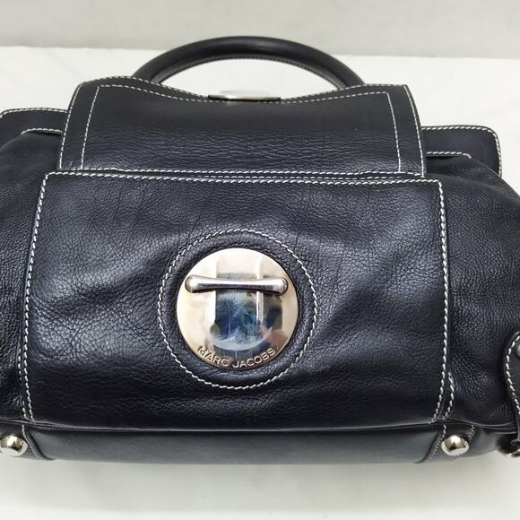Marc Jacobs Black Leather Pushlock Pocket Double Handles Zipper Satchel Bag - Picture 7 of 16